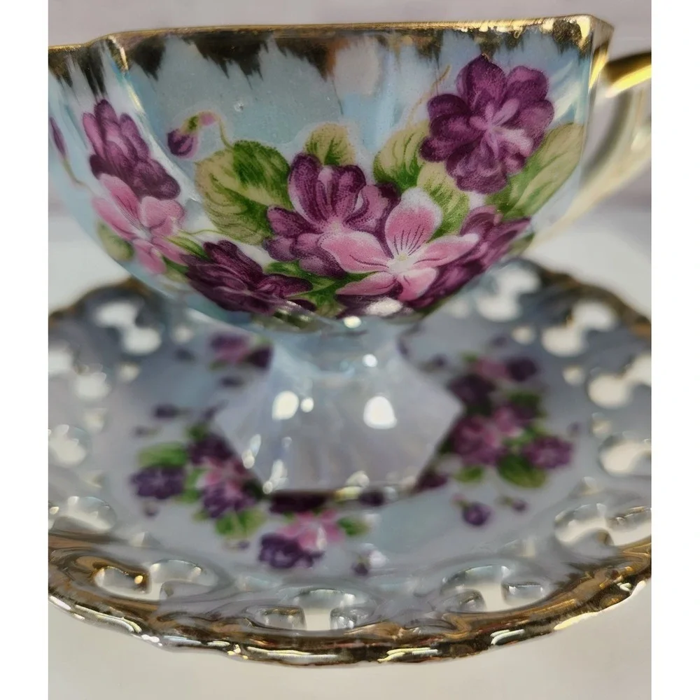 Vintage Royal Sealy China Japan‎ Footed Tea Cup & Saucer Opalesant Pink Purple